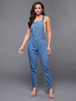 Miss Chase - Women's Blue Regular Fit Mid Rise Regular Length Denim Dungaree