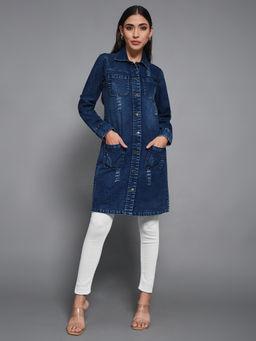 Miss Chase - Women's Navy Blue Polo Neck Patch Pocket Denim Overcoat Knee-Length Jacket