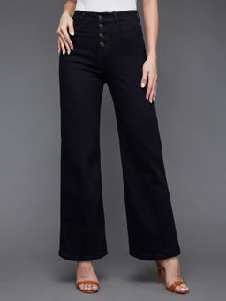Miss Chase - Women's Black Wide Leg High Rise Regular Stretchable Denim Jeans