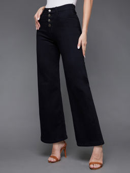 Miss Chase - Womens Black Wide Leg High Rise Clean Look Stretchable Denim Jeans