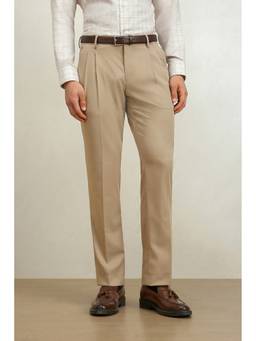 Louis Philippe - Men Beige Solid/Plain Polyester Blend Trouser