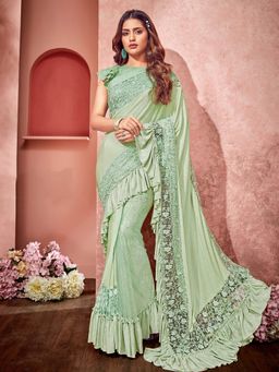 Odette - Pastel Green Lycra Fancy Net Designer Saree with Unstitched Blouse