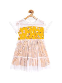 Bella Moda - Girls Yellow White Net Floral Printed Fit Flare Dress