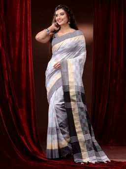 CHARUKRITI - White and Grey Pure Cotton Checkered Geometric Patterns Saree with Unstitched Blouse
