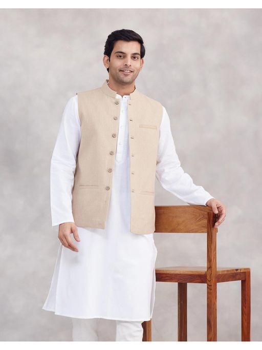 Fabindia Men Beige Cotton Sleeveless Nehru Jacket