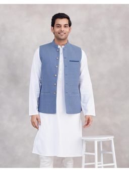 Fabindia - Men Blue Cotton Sleeveless Nehru Jacket