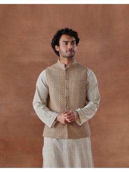 Fabindia - Men Beige Cotton Sleeveless Nehru Jacket