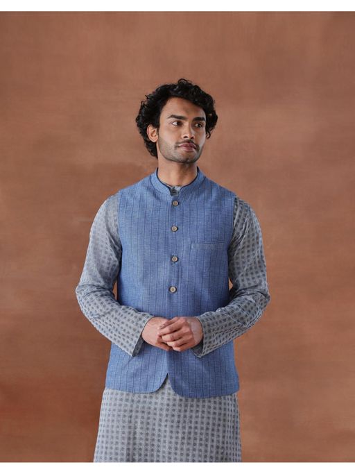Fabindia Men Blue Cotton Sleeveless Nehru Jacket