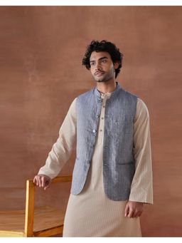 Fabindia - Men Blue Linen Sleeveless Nehru Jacket