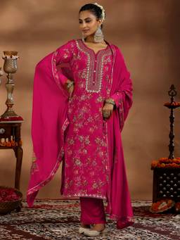 Libas - Women Floral Kurta Pant with Dupatta - Pink (Set of 3)
