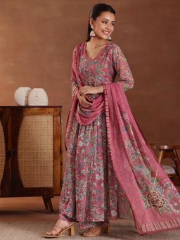 Libas - Women Floral Anarkali Palazzo with Dupatta - Mauve (Set of 3)