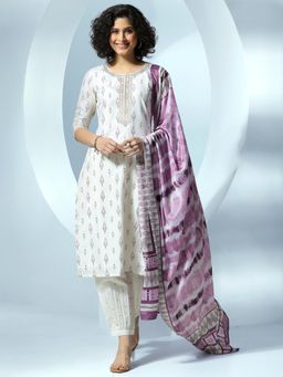 Libas - Women Printed Kurta Salwar with Dupatta - Off White (Set of 3)