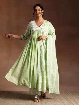 Libas - Women Embroidered Kurta Pant with Dupatta - Green (Set of 3)