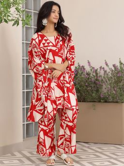 Libas - Women Abstract Co-Ord - Red (Set of 2)