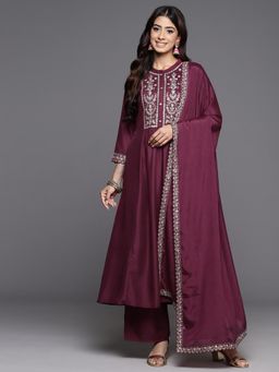 Libas - Women Embroidered Kurta Palazzo with Dupatta - Wine (Set of 3)