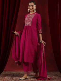 Libas - Women Embroidered Kurta Palazzo with Dupatta - Pink (Set of 3)