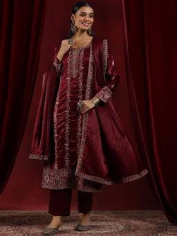 Libas - Women Embroidered Kurta Pant with Dupatta - Maroon (Set of 3)
