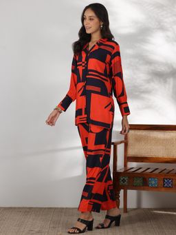 Libas - Women Abstract Co-Ord - Red (Set of 2)