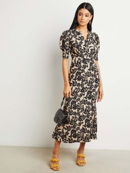 Styli - Beige Button Closure Puff Sleeves Midi Dress