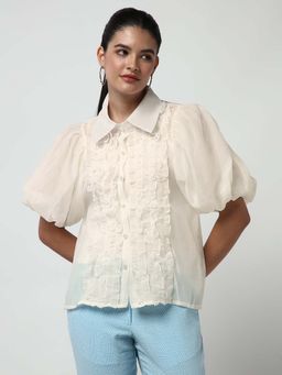 SHOWOFFFF - Women's Ruffle Cream Puff Sleeve Shirt