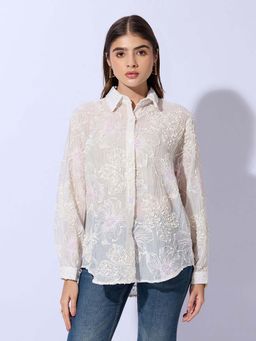 SHOWOFFFF - Edition Women's Floral Pattern Cream Sheer Shirt