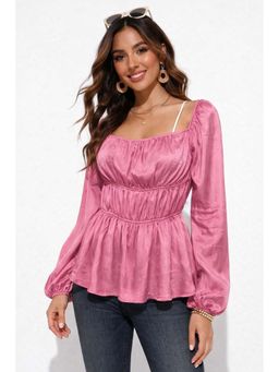 NOBARR - Women's Pink Square Neck Full Sleeve Smocked Peplum Top