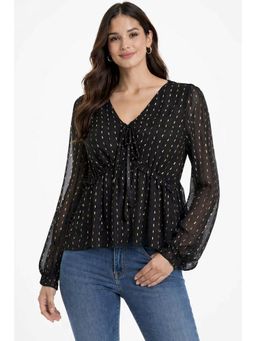 NOBARR - Women's Black V-Neck Full Sleeve Tie-Up Peplum Top