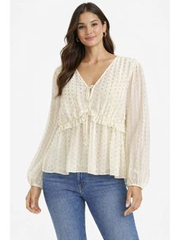NOBARR - Women's Cream V-Neck Full Sleeve Tie-Up Peplum Top