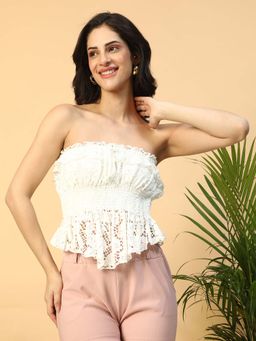 Oxolloxo - Women White Elasticated With Tie-Up Detail Off - Shoulder Dobby Top