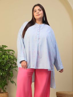 Oxolloxo - Women Plus Size Blue Round Neck With Button Placket Long Sleeve Top