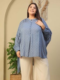 Oxolloxo - Women Plus Size Blue Round Neck With Button Placket Long Sleeve Top