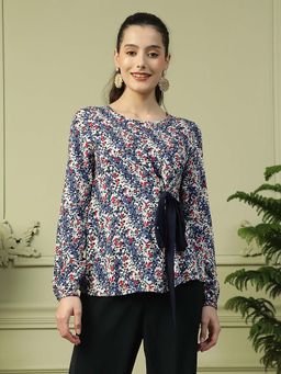 Oxolloxo - Women Blue Floral Print Round Neck Long Sleeve Top