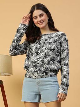 Oxolloxo - Women Black Floral Print Round Neck Long Sleeve Cotton Top