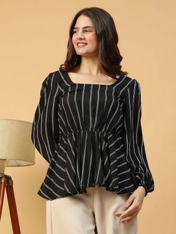 Oxolloxo - Women Black Stripe Print Square Neck Peplum Long Sleeve Top