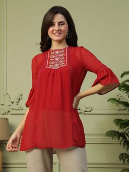 Oxolloxo - Women Red Round Neck 3/4 Length Bell Sleeve Embroidery Detail Long Top