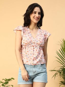 Oxolloxo - Women Pink Floral Print V-Neck Short Sleeve Ruffle Detail Peplum Top