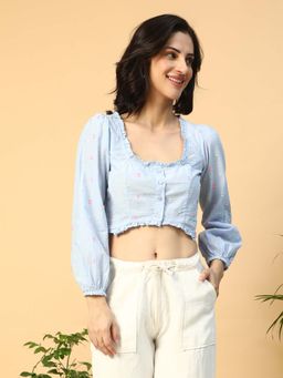 Oxolloxo - Women Blue Round Neck Long Sleeve Button Down Cotton Dobby Crop Top