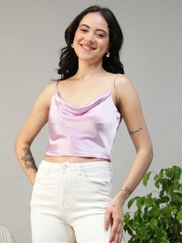 Oxolloxo - Women Solid Purple Shoulder Strap Cowl Neck Sleeveless Satin Crop Top