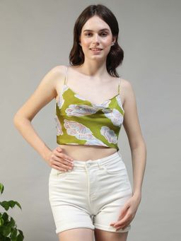 Oxolloxo - Women Green Floral Satin Print Shoulder Strap Cowl Neck Sleeveless Crop Top