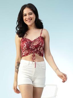 Oxolloxo - Wine Color Abstract Satin Chiffon Print V-Neck Smocked Shoulder Strap Crop Top
