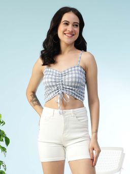 Oxolloxo - Blue Check Satin Chiffon Print V-Neck Smocked Shoulder Strap Tie-Up Crop Top