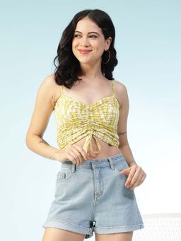 Oxolloxo - Yellow Abstract Satin Chiffon Print V-Neck Smocked Shoulder Strap Crop Top