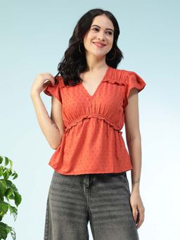 Oxolloxo - Women Brown V-Neck Short Petal Sleeve Ruffle Detail Dobby Weave Top