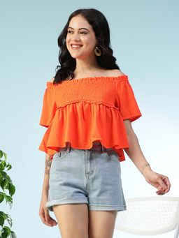 Oxolloxo - Soild Orange Round Neck Short Sleeve Ruffle Detail Seasucker Dobby Off-Shoulder Top