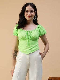 Oxolloxo - Green Round Neck With Tie-Up String Short Sleeve Ruffle Detail Seasucker Dobby Top
