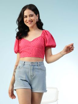 Oxolloxo - Women Pink V-Neck Short Sleeve Dobby Weave Crop Top