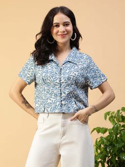 Oxolloxo - Women Blue Floral Print Collared Button Down Short Sleeve Slub Fabric Top