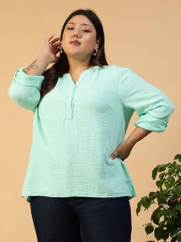 Oxolloxo - Women Plus Size Solid Green Round Neck Long Sleeve Washed Cotton Top