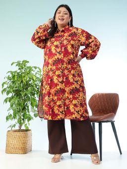 Oxolloxo - Women Plus Size Multicolor Floral Rayon Print Collared Button -Down Long Sleeve Top