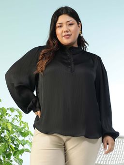Oxolloxo - Plus Size Solid Black Round Neck With Button Detail Long Sleeve Satin Chiffon Top